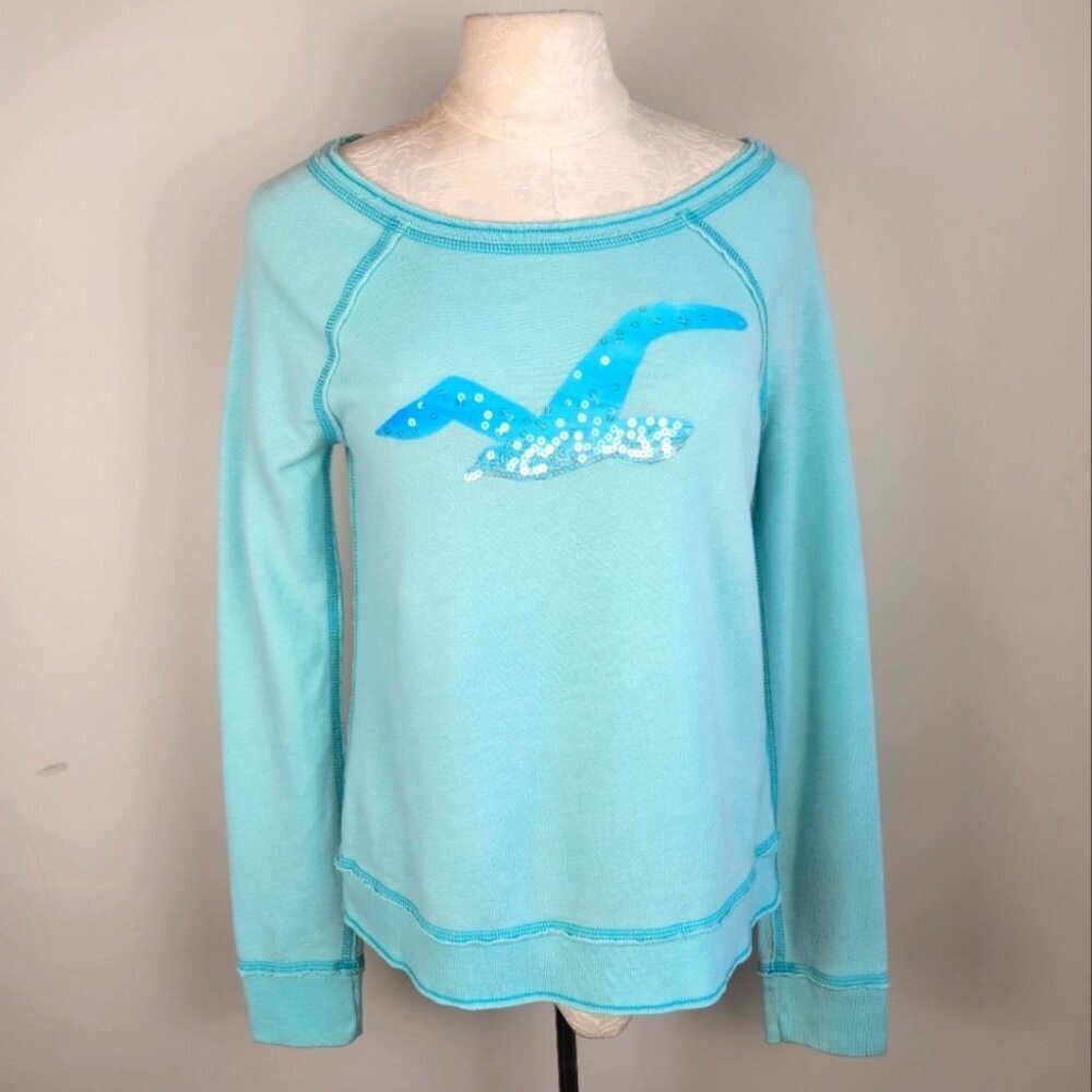 Y2K Vintage Hollister Lightweight Wide Neck Sweatshirt Light blue Sequin Size S